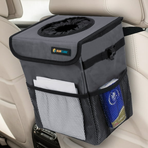 SUN CUBE WATERPROOF Car Trash Can with Lid, Mesh Pockets | Leakproof Car Garbage Can Hanging | Auto Trash Bin, Garbage Bag Organizer for Headrest, Console, Truck (Dark Gray)