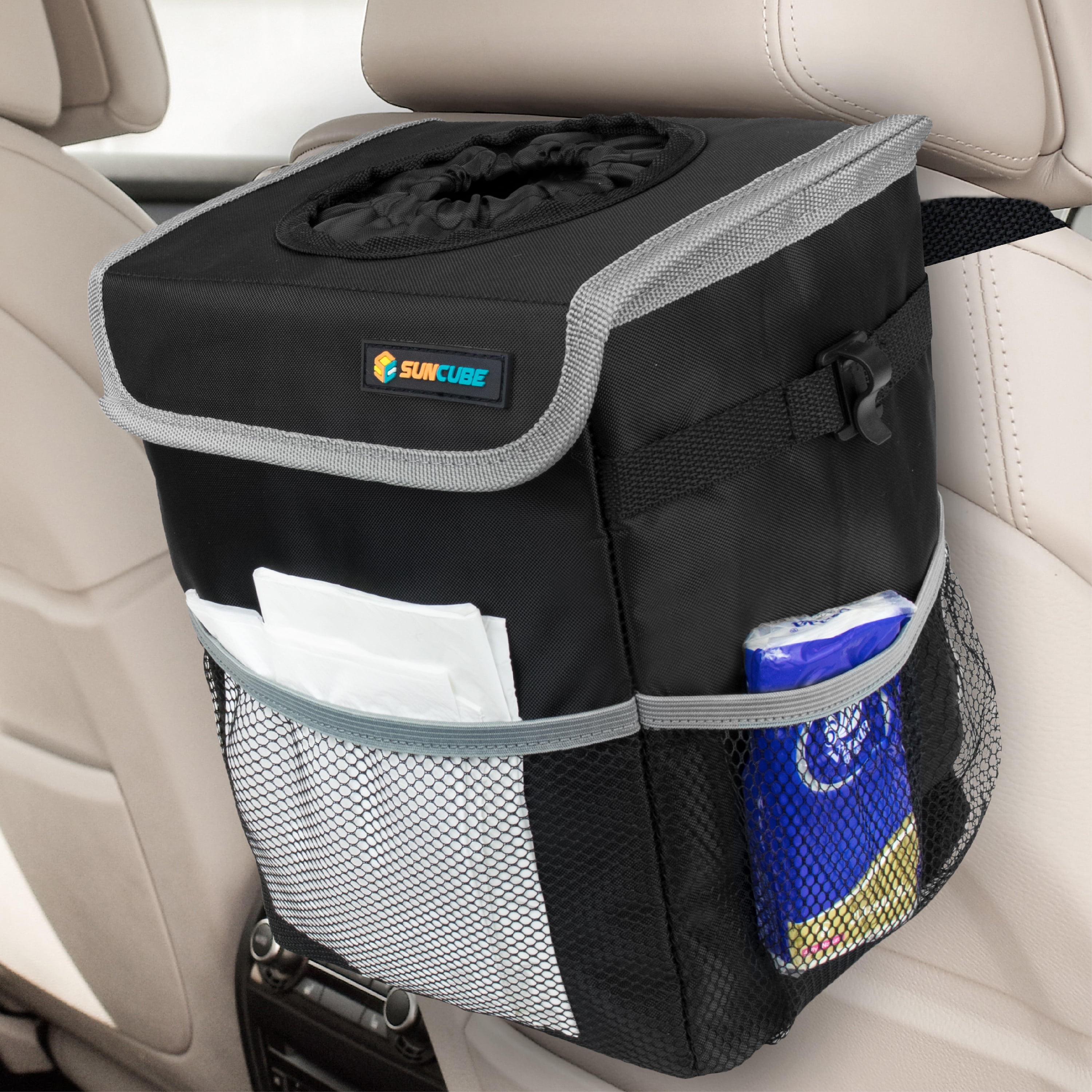 SUN CUBE WATERPROOF Car Trash Can with Lid, Mesh Pockets Leakproof Car  Garbage Can Hanging Auto Trash Bin, Garbage Bag Organizer for Headrest,  Console, Truck (Black/Gray)