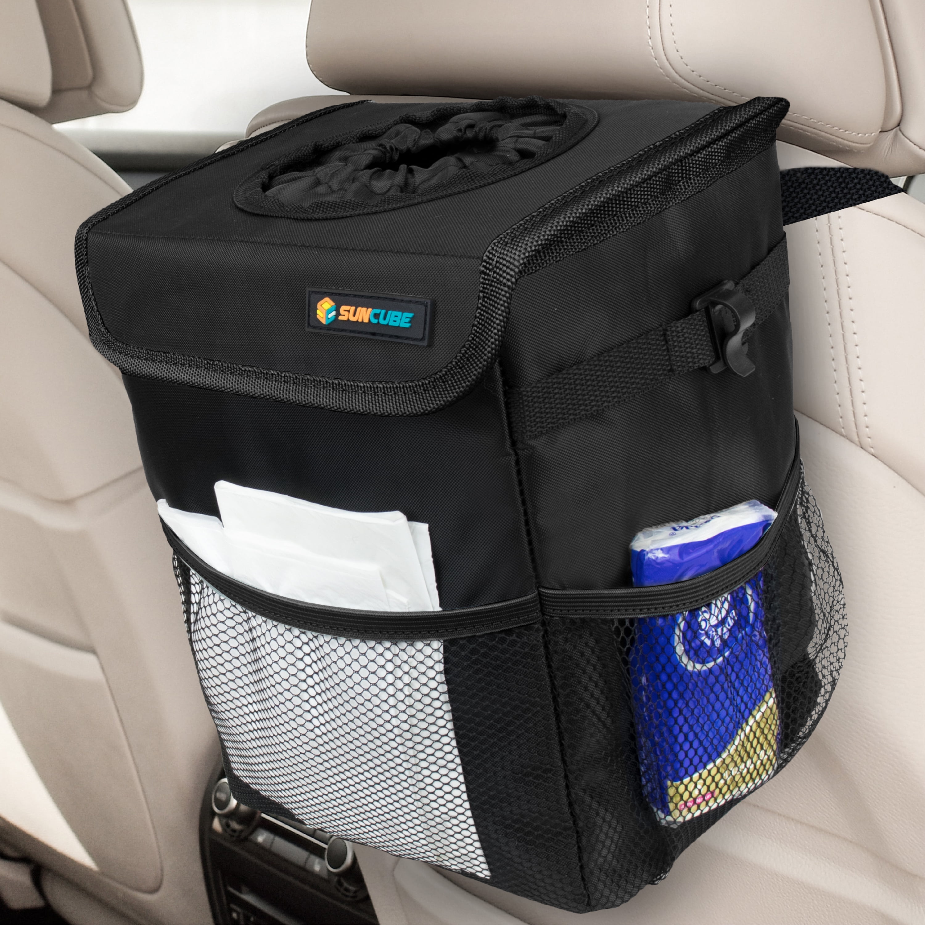 SUN CUBE WATERPROOF Car Trash Can with Lid, Mesh Pockets