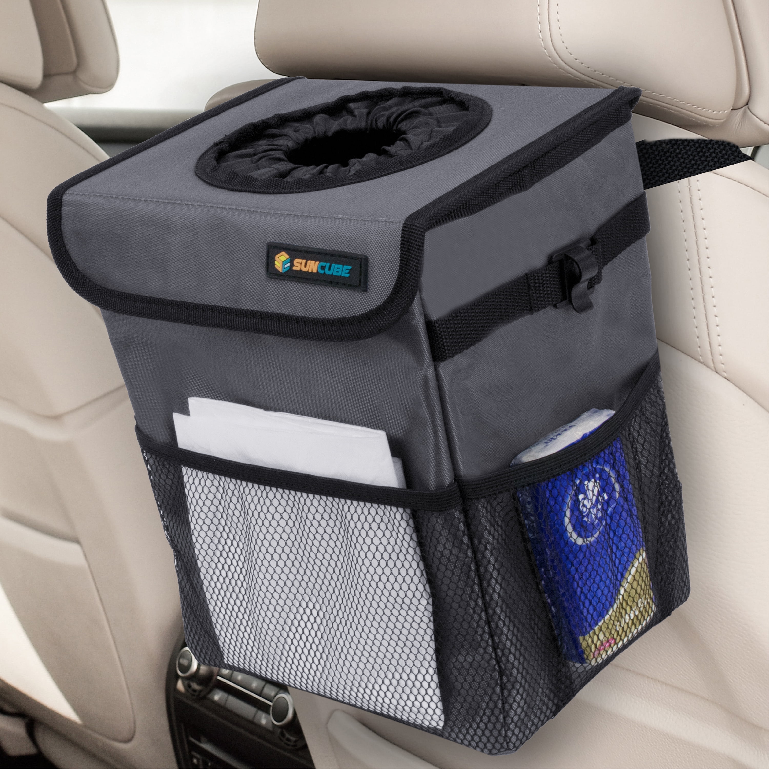 EPAuto Waterproof Car Trash Can with Lid and Storage Pockets, Black 