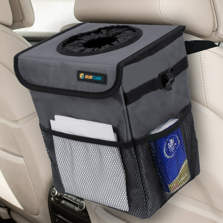 SUN CUBE WATERPROOF Car Trash Can with Lid, Mesh Pockets | Leakproof Car  Garbage Can Hanging | Auto Trash Bin, Garbage Bag Organizer for Headrest