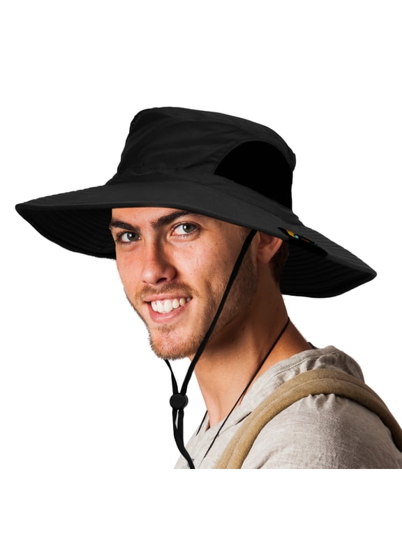 Wide Brim Sun Hat for Men & Women, UPF 50+ UV Protection, Breathable Mesh Boonie Hat with Adjustable Chin Strap, Packable Fishing Hiking Safari Hat, Black