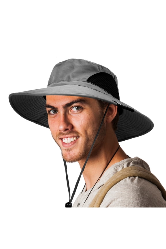 Wide Brim Sun Hat for Men & Women, UPF 50+ UV Protection, Breathable Mesh Boonie Hat with Adjustable Chin Strap, Packable Fishing Hiking Safari Hat, Grey