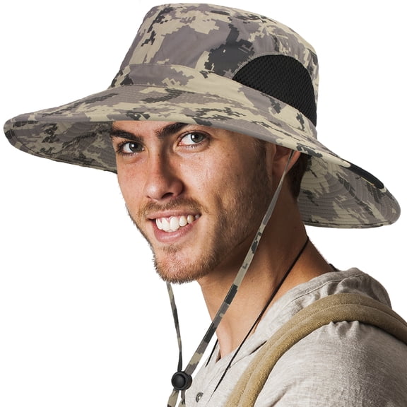 SUN CUBE Wide Brim Sun Hat for Men & Women, UPF 50+ UV Protection, Breathable Mesh Boonie Hat with Adjustable Chin Strap, Packable Fishing Hiking Safari Hat, Camo Grey