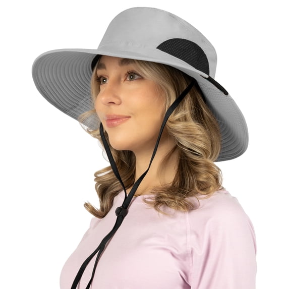 SUN CUBE Wide Brim Sun Hat for Men & Women, UPF 50+ UV Protection, Breathable Mesh Boonie Hat with Adjustable Chin Strap, Packable Fishing Hiking Safari Hat, Light Grey