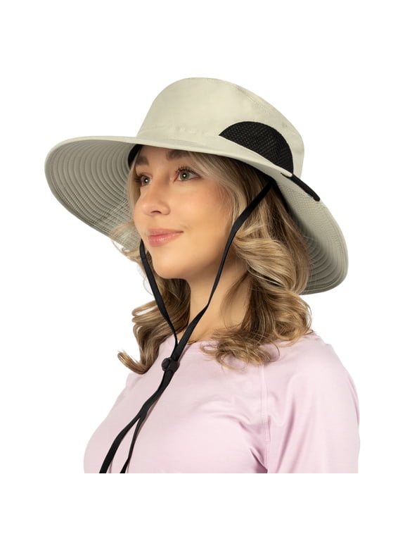 Wide Brim Sun Hat for Men & Women, UPF 50+ UV Protection, Breathable Mesh Boonie Hat with Adjustable Chin Strap, Packable Fishing Hiking Safari Hat, Cream Beige