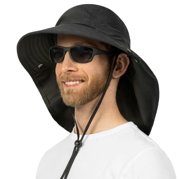SUN CUBE Wide Brim Sun Hat with Neck Flap, Fishing Hiking for Men Women Safari, Neck Cover for Outdoor Sun Protection UPF50  | Black