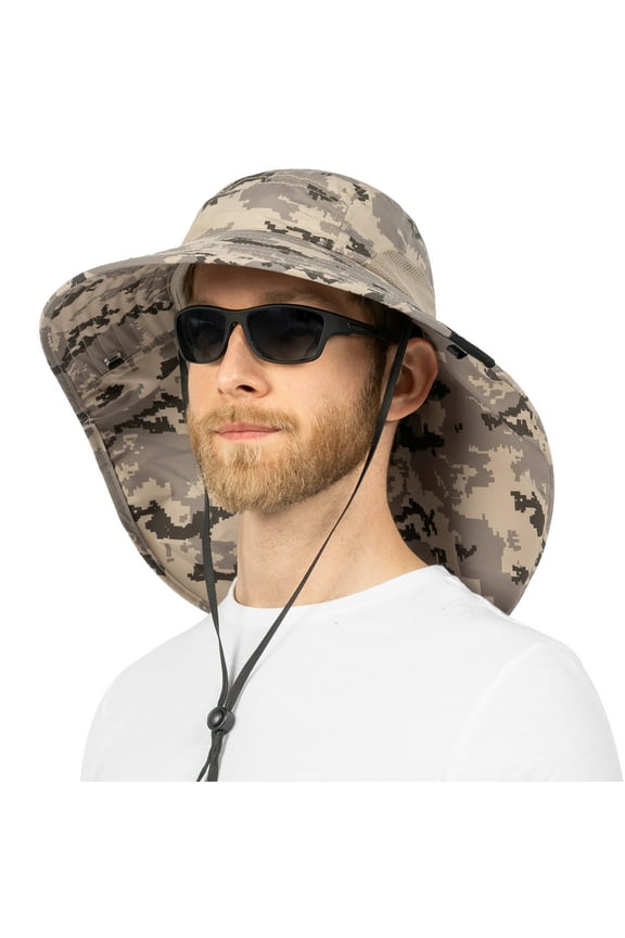 Wide Brim Sun Hat with Neck Flap, Fishing Hiking for Men Women Safari, Neck Cover for Outdoor Sun Protection UPF50+ | Camo Gray
