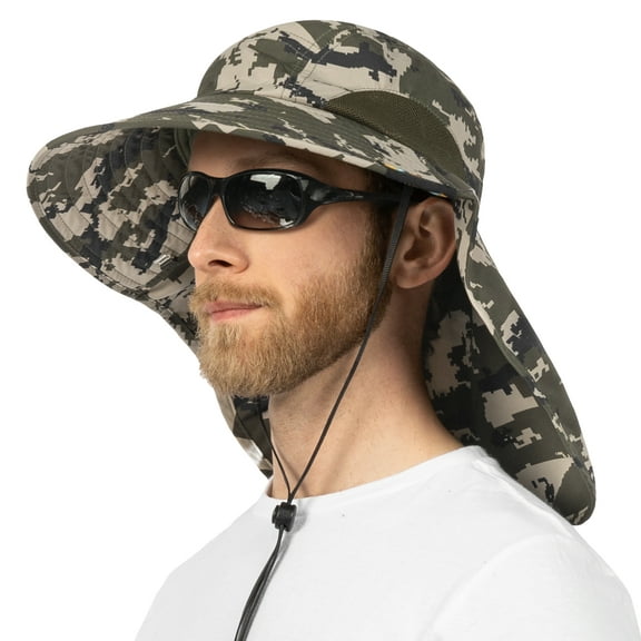 SUN CUBE Wide Brim Sun Hat with Neck Flap, Fishing Hiking for Men Women Safari, Neck Cover for Outdoor Sun Protection UPF50  | Camo Green