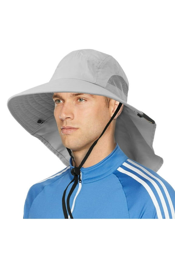 Wide Brim Sun Hat with Neck Flap, Fishing Hiking for Men Women Safari, Neck Cover for Outdoor Sun Protection UPF50+ | Light Gray