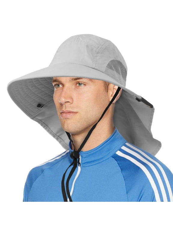 Wide Brim Sun Hat with Neck Flap for Men Women Fishing, Light Gray