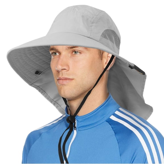SUN CUBE Wide Brim Sun Hat with Neck Flap for Men Women Fishing, Light Gray