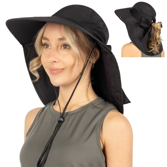 SUN CUBE Women Hiking Hat Fishing Hat | Ponytail Sun Hat with Neck Flap Wide Brim | Summer Outdoor Camping Beach Safari Ladies Foldable Woman Hat UPF50+ (Black)