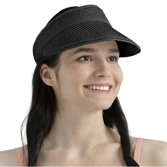 SUN CUBE Women Straw Visor Hat, Wide Brim Sun Visor for Beach Pool Travel, Foldable Roll Up Ponytail Summer Raffia Hat, Ladies UV UPF 50+ Protection Packable Foldable Visor, Black
