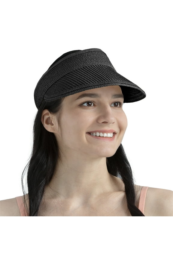 Women Straw Visor Hat, Wide Brim Sun Visor for Beach Pool Travel, Foldable Roll Up Ponytail Summer Raffia Hat, Ladies UV UPF 50+ Protection Packable Foldable Visor, Black
