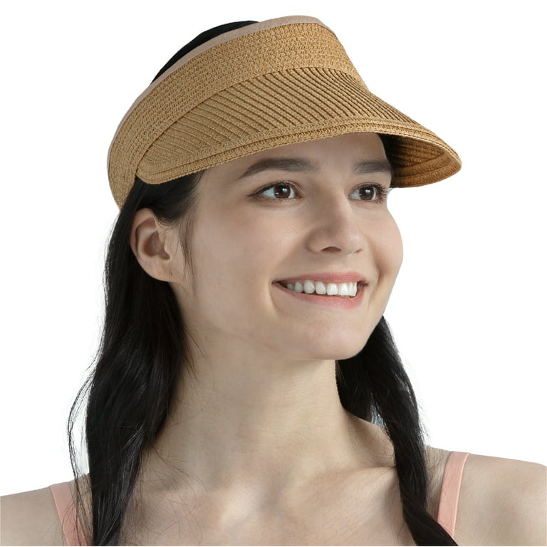 Sun Visor Hats For Women Wide Brim Straw Roll-Up Ponytail Summer