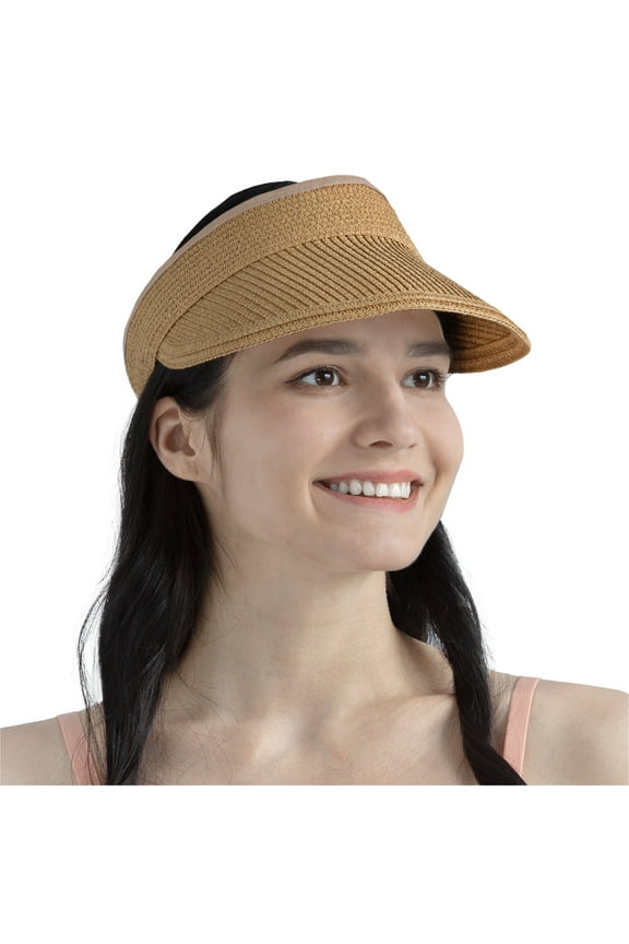 Women Straw Visor Hat, Wide Brim Sun Visor for Beach Pool Travel, Foldable Roll Up Ponytail Summer Raffia Hat, Ladies UV UPF 50+ Protection Packable Foldable Visor, Brown