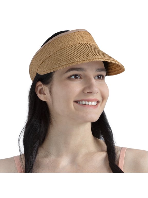 Women Straw Visor Hat, Wide Brim Sun Visor for Beach Pool Travel, Foldable Roll Up Ponytail Summer Raffia Hat, Ladies UV UPF 50+ Protection Packable Foldable Visor, Brown