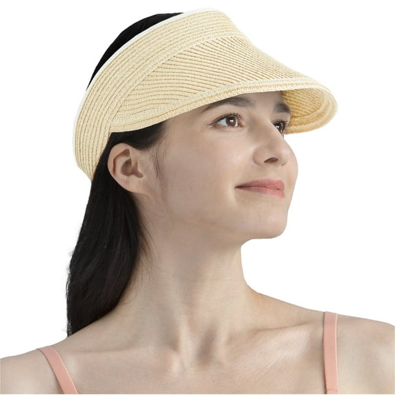 SUN CUBE Women Straw Visor Hat, Wide Brim Sun Visor for Beach Pool Travel, Foldable Roll Up Ponytail Summer Raffia Hat, Ladies UV UPF 50+ Protection Packable Foldable Visor, Beige