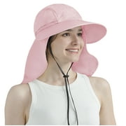 SUN CUBE Women Sun Hat Neck Flap Cover, UV Protection Wide Brim Fishing Hat, Ponytail Hole Hiking Hat, Foldable Beach Cap Gardening Camping Outdoor Safari Sun Hat, Summer Travel Gifts UPF 50+, Pink