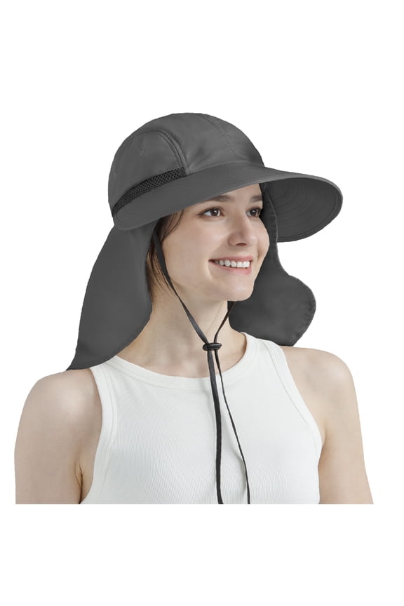 Women Sun Hat Neck Flap Cover, UV Protection Wide Brim Fishing Hat, Ponytail Hole Hiking Hat, Foldable Beach Cap Gardening Camping Outdoor Safari Hat, Summer Travel Gifts UPF 50+, Dark Gray