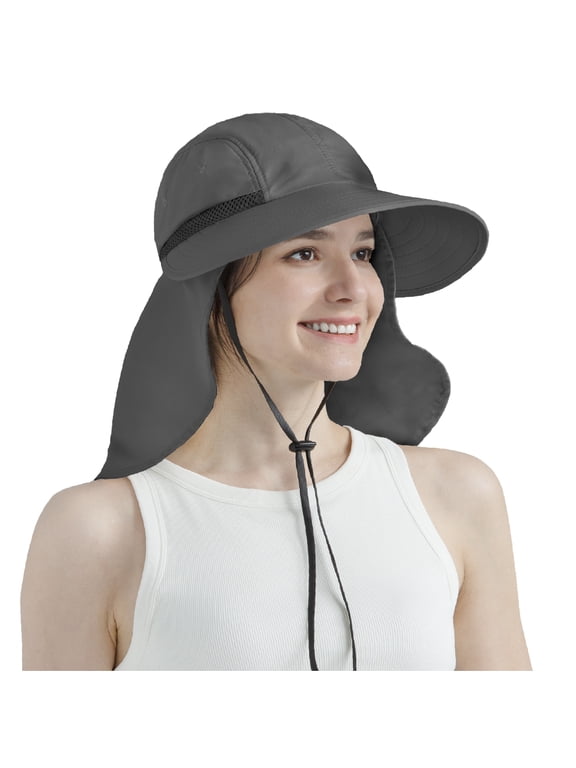 Women Sun Hat Neck Flap Cover, UV Protection Wide Brim Fishing Hat, Ponytail Hole Hiking Hat, Foldable Beach Cap Gardening Camping Outdoor Safari Hat, Summer Travel Gifts UPF 50+, Dark Gray