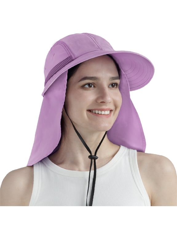 Women Sun Hat Neck Flap Cover, UV Protection Wide Brim Fishing Hat, Ponytail Hole Hiking Hat, Foldable Beach Cap Gardening Camping Outdoor Safari Sun Hat, Summer Travel Gifts UPF 50+, Purple