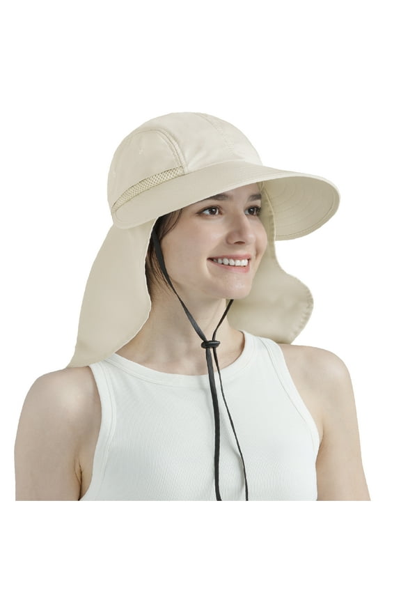 Women Sun Hat Neck Flap Cover, UV Protection Wide Brim Fishing Hat, Ponytail Hole Hiking Hat, Foldable Beach Cap Gardening Camping Outdoor Safari Sun Hat, Summer Travel Gifts UPF 50+, Beige