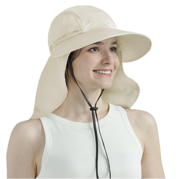 SUN CUBE Women Sun Hat Neck Flap Cover, UV Protection Wide Brim Fishing Hat, Ponytail Hole Hiking Hat, Foldable Beach Cap Gardening Camping Outdoor Safari Sun Hat, Summer Travel Gifts UPF 50+, Beige