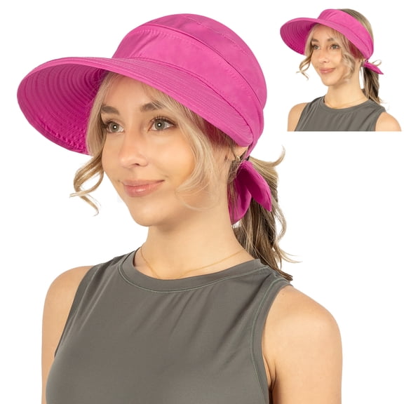 SUN CUBE Women Sun Hat for Outdoor UV Protection, Wide Brim Sun Hat Ponytail, Convertible Zip-Off Beach Hat Visor for Golf Gardening Pool Travel, Foldable Summer UPF50+ Visor Hat, Fushia Pink