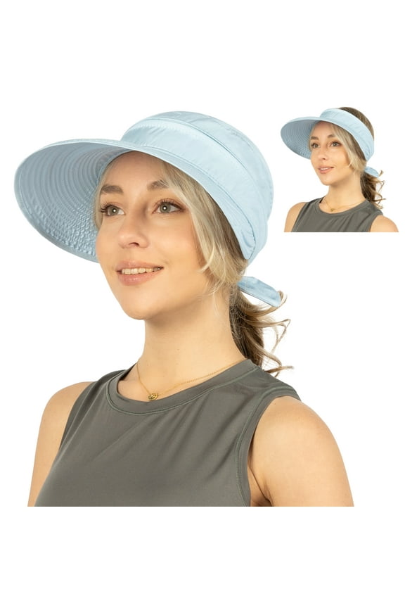Women Sun Hat for Outdoor UV Protection, Wide Brim Sun Hat Ponytail, Convertible Zip-Off Beach Hat Visor for Golf Gardening Pool Travel, Foldable Summer UPF50+ Visor Hat, Light Blue