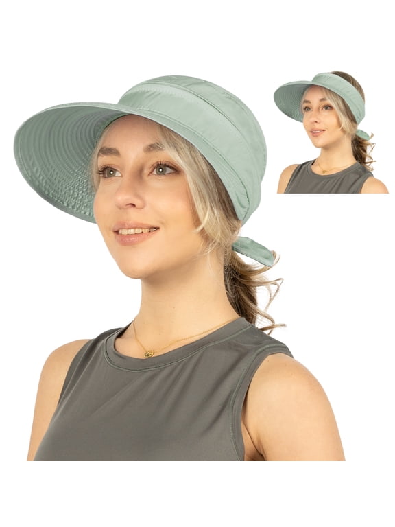 Womens Sun Hat Wide Brim UPF 50+ UV Protection, Zip-Off Convertible Ponytail Visor Hat, Foldable Packable Beach Hat for Hiking Golf Gardening Travel Vacation Outdoor, Sage Grey