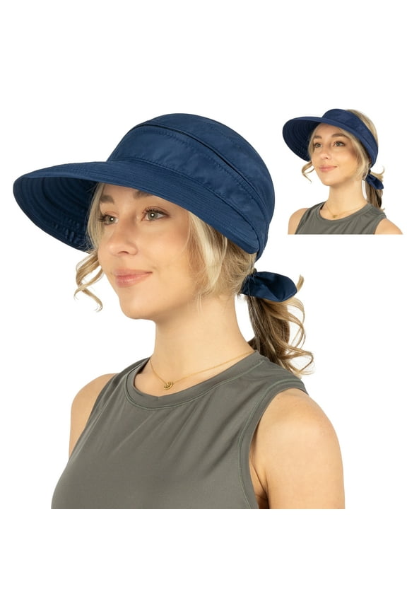 Women Sun Hat for Outdoor UV Protection, Wide Brim Sun Hat Ponytail, Convertible Zip-Off Beach Hat Visor for Golf Gardening Pool Travel, Foldable Summer UPF50+ Visor Hat, Navy