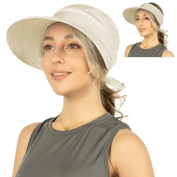 SUN CUBE Women Sun Hat for Outdoor UV Protection, Wide Brim Sun Hat Ponytail, Convertible Zip-Off Beach Hat Visor for Golf Gardening Pool Travel, Foldable Summer UPF50+ Visor Hat, Beige