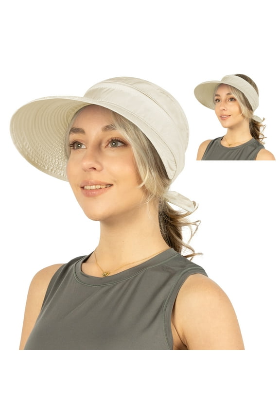 Women Sun Hat for Outdoor UV Protection, Wide Brim Sun Hat Ponytail, Convertible Zip-Off Beach Hat Visor for Golf Gardening Pool Travel, Foldable Summer UPF50+ Visor Hat, Beige