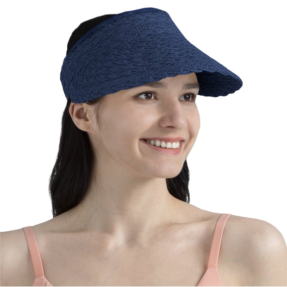 SUN CUBE Women Sun Visor Hat, Straw Beach Hat Wide Brim Visor UV Protection, Foldable Packable Cap, Roll Up Ponytail Large Sunhat, Summer Travel Golf Visor Pool Garden Fishing, UPF 50+, Navy Blue