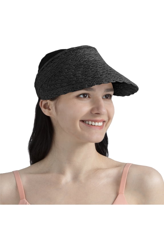 Women Sun Visor Hat, Straw Beach Hat Wide Brim Visor UV Protection, Foldable Packable Cap, Roll Up Ponytail Large Sunhat, Summer Travel Golf Visor Pool Garden Fishing, UPF 50+, Black