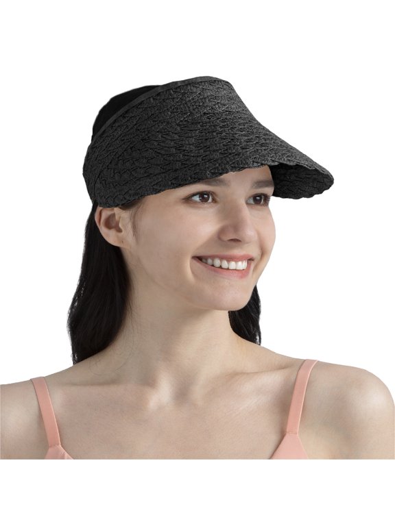 Women Sun Visor Hat, Straw Beach Hat Wide Brim Visor UV Protection, Foldable Packable Cap, Roll Up Ponytail Large Sunhat, Summer Travel Golf Visor Pool Garden Fishing, UPF 50+, Black