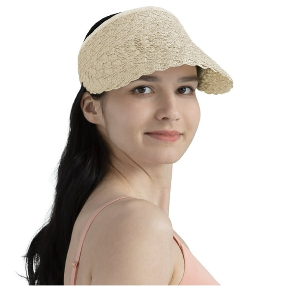 SUN CUBE Women Sun Visor Hat, Straw Beach Hat Wide Brim Visor UV Protection, Foldable Packable Cap, Roll Up Ponytail Large Sunhat, Summer Travel Golf Visor Pool Garden Fishing, UPF 50+, Beige Cream