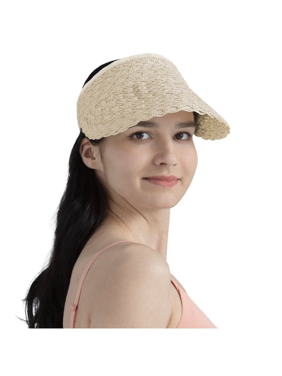 Women Sun Visor Hat, Straw Beach Hat Wide Brim Visor UV Protection, Foldable Packable Cap, Roll Up Ponytail Large Sunhat, Summer Travel Golf Visor Pool Garden Fishing, UPF 50+, Beige Cream