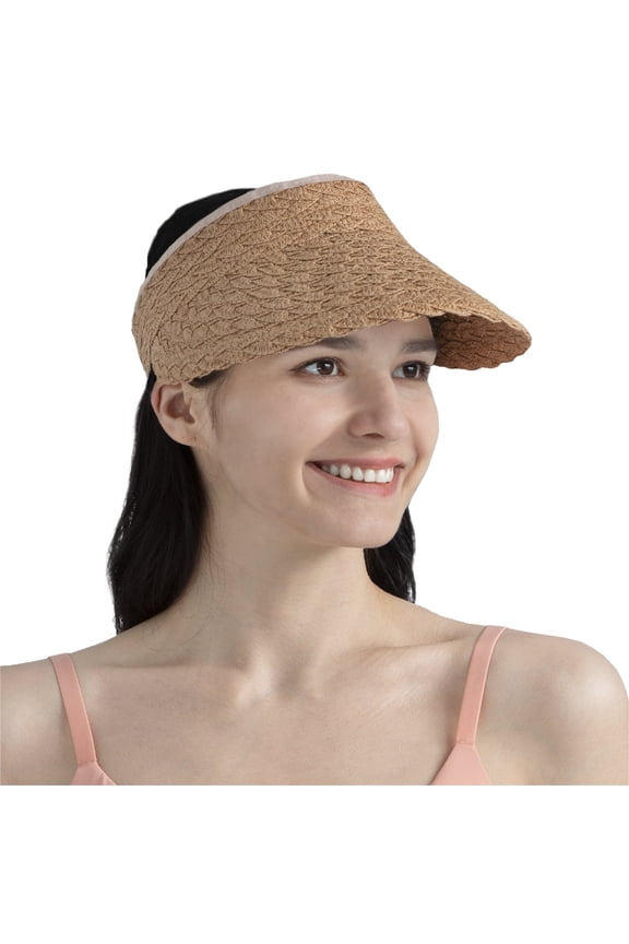 Women Sun Visor Hat, Straw Beach Hat Wide Brim Visor UV Protection, Foldable Packable Cap, Roll Up Ponytail Large Sunhat, Summer Travel Golf Visor Pool Garden Fishing, UPF 50+, Brown