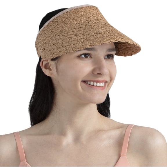 SUN CUBE Women Sun Visor Hat, Straw Beach Hat Wide Brim Visor UV Protection, Foldable Packable Cap, Roll Up Ponytail Large Sunhat, Summer Travel Golf Visor Pool Garden Fishing, UPF 50+, Brown