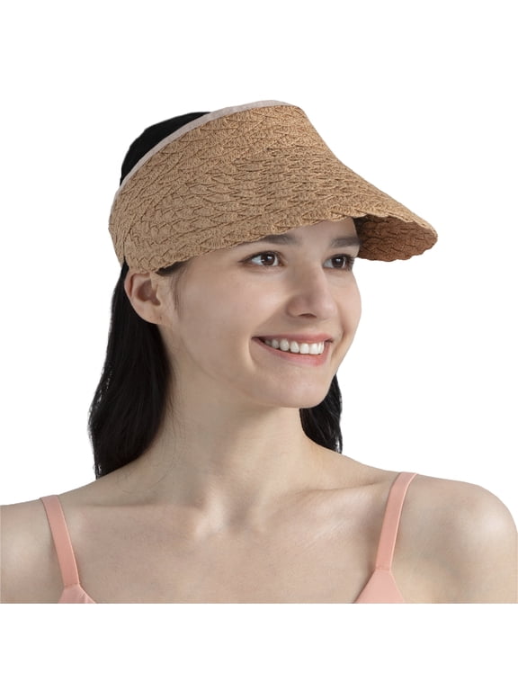 Women Sun Visor Hat, Straw Beach Hat Wide Brim Visor UV Protection, Foldable Packable Cap, Roll Up Ponytail Large Sunhat, Summer Travel Golf Visor Pool Garden Fishing, UPF 50+, Brown