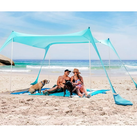 SUN NINJA 10x10.5 FT Pop-Up Beach Tent with Sand Shovel, Pegs & Stability Poles – Turquoise Sun Shelter for Beach, Camping & Outdoor Activities