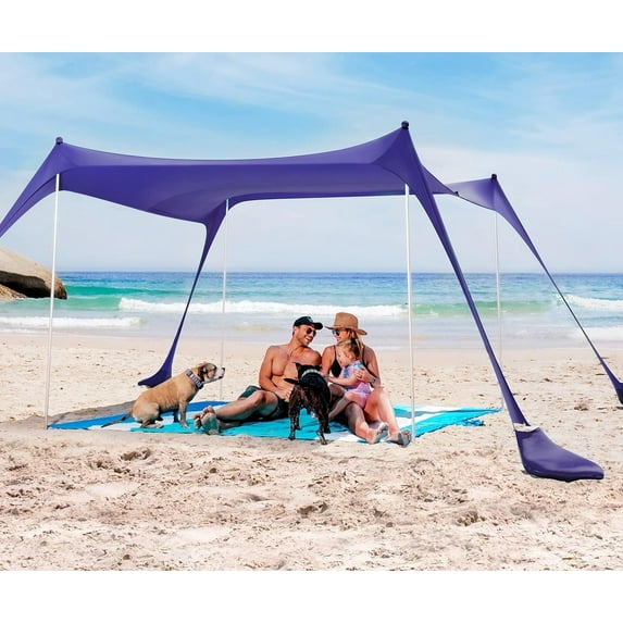 SUN NINJA 10x10 FT Pop-Up Beach Tent with Sand Shovel, Pegs & Stability Poles – Navy Blue Sun Shelter for Beach, Camping & Outdoor Activities