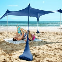 SUN NINJA 7x7.5 Outdoor Pop Up Beach Tent With Shovel, Pegs, Stability Poles, Navy Blue