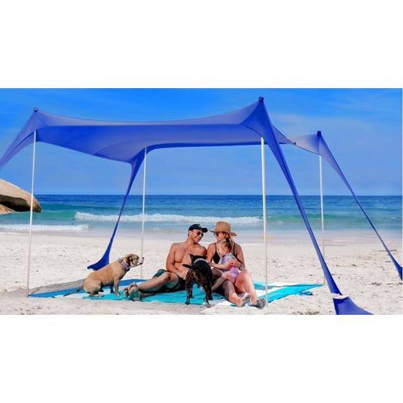 SUN NINJA Beach Tent Sun Shelter, Beach Shade Canopy with UPF50+ Protection | Beach Canopy Tent Sun Shade, Cabana Includes Carry Bag, Sand Shovel, Ground Pegs, 4 Poles & Anchor Bags, Royal Blue
