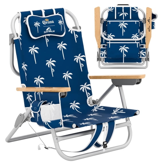 SUN NINJA Limited Edition Corona Portable Beach Chair for Adults, 1pc, 5 recline positions, wooden armrests, adjustable headrest pillow, lightweight easy carry with shoulder straps