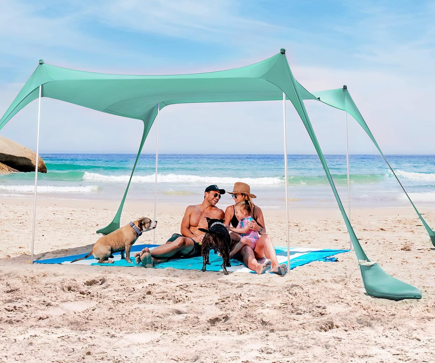 SUN NINJA Pop Up Beach Tent Sun Shelter UPF50+ with Sand Shovel, Ground Pegs and Stability Poles