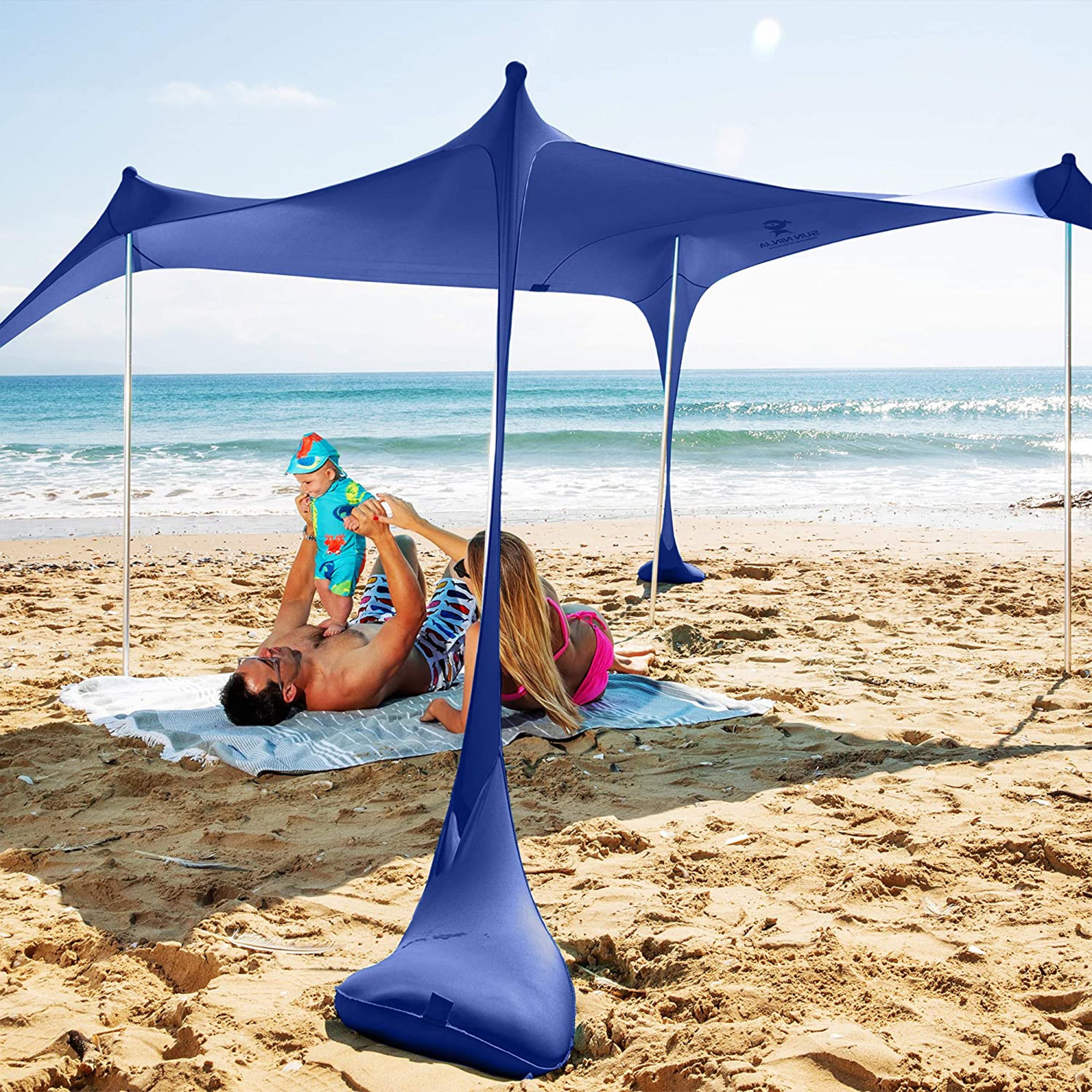 Sun Ninja Pop Up Beach Tent Sun Shelter UPF50+ with Sand Shovel, Ground Pegs and Stability Poles, Outdoor Shade for Camping Trips, Fishing, Backyard